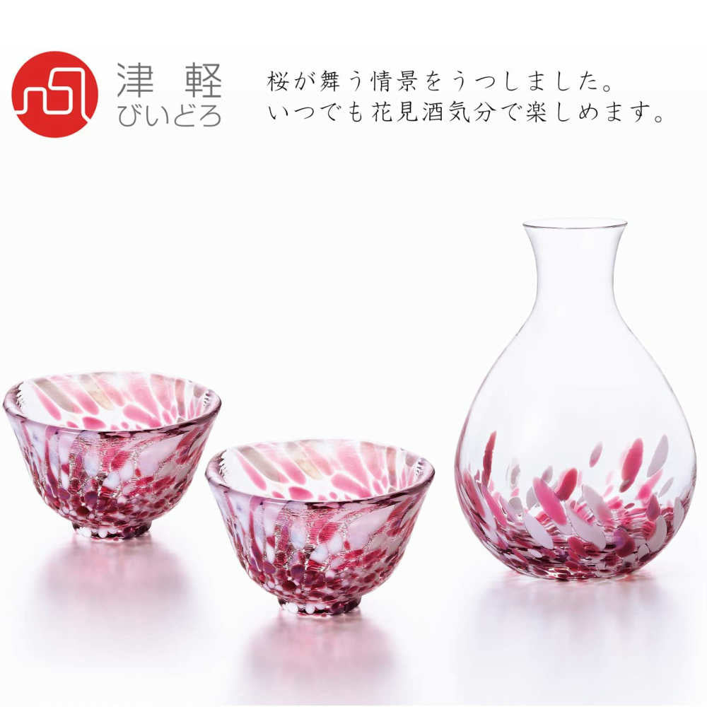 日本製 津輕びいどろ｜手工櫻吹雪清酒壺連清酒杯一對｜禮盒套裝