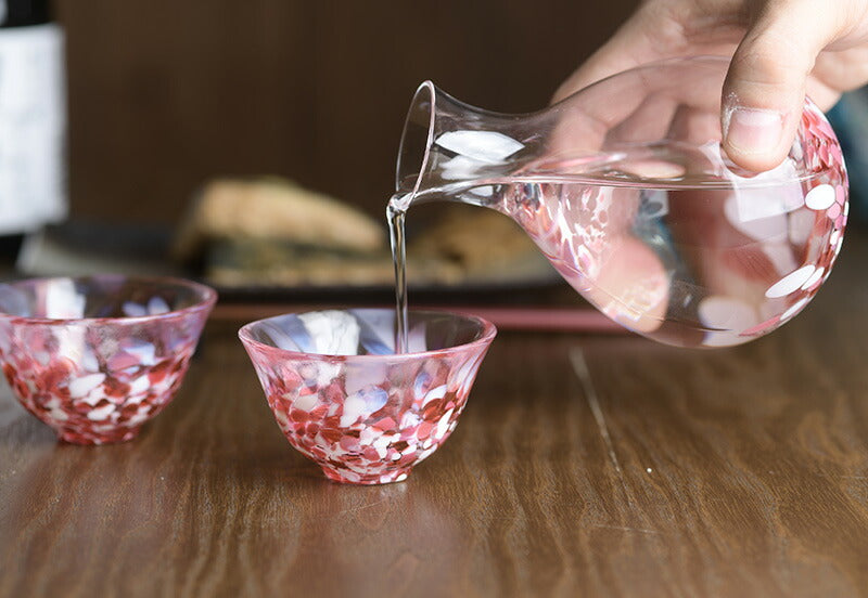 日本製 津輕びいどろ｜手工櫻吹雪清酒壺連清酒杯一對｜禮盒套裝
